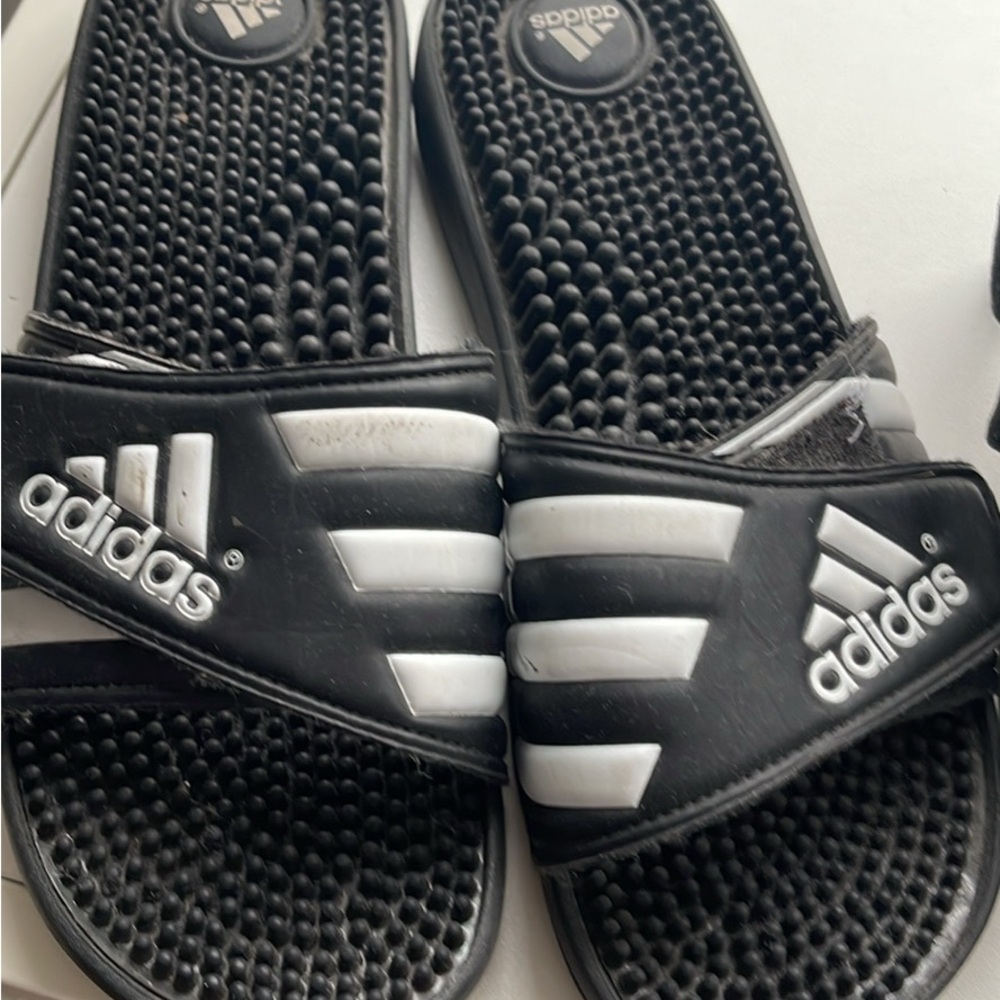 Adidas Black and White Striped Slides